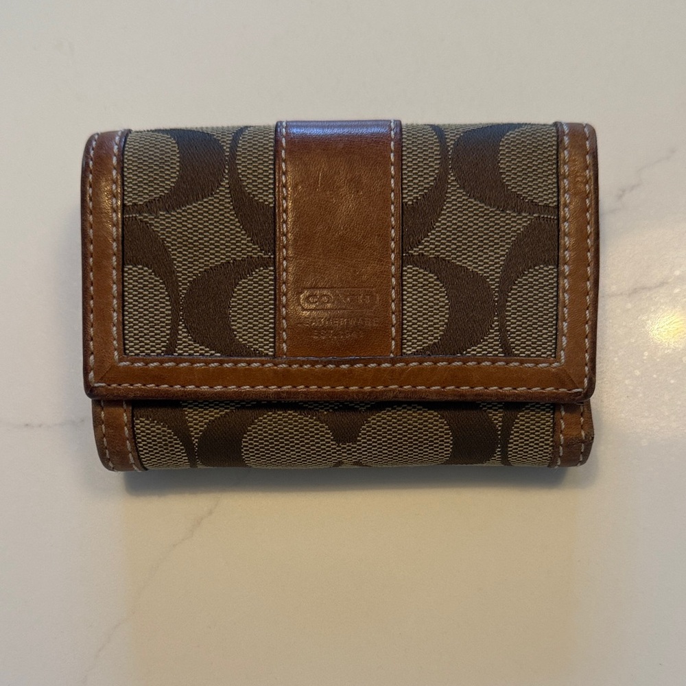 Coach Signature Brown and Tan Trifold Wallet